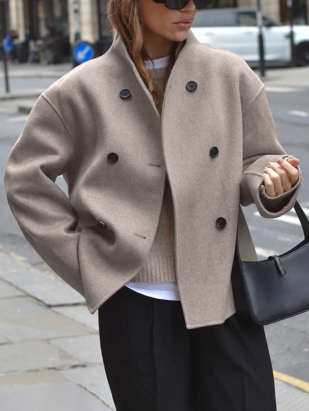 Women's Oversized Double Breasted Short Coat with Stand Collar