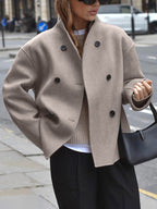 Women's Oversized Double Breasted Short Coat with Stand Collar