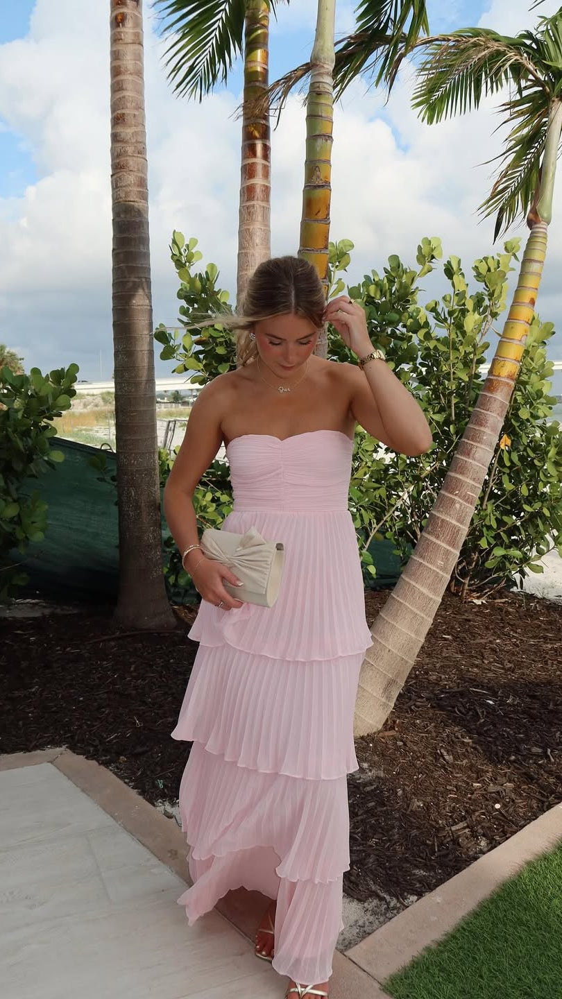 Women's Pleated Strapless Tiered Wedding Guest Maxi Dress