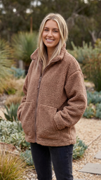Womens Fleece Teddy Sherpa Zip Up Oversized Jacket