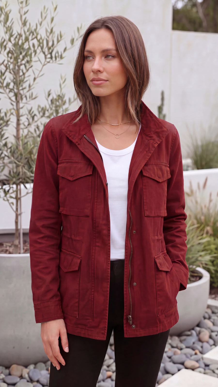 Women's Lightweight Zip Up Utility Cargo Jacket With Adjustable Waist