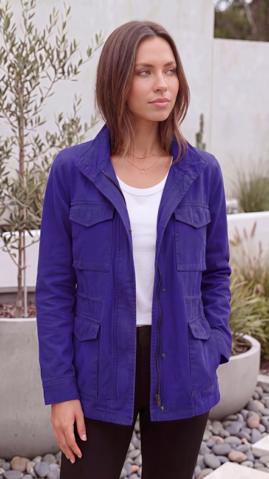 Women's Lightweight Zip Up Utility Cargo Jacket With Adjustable Waist