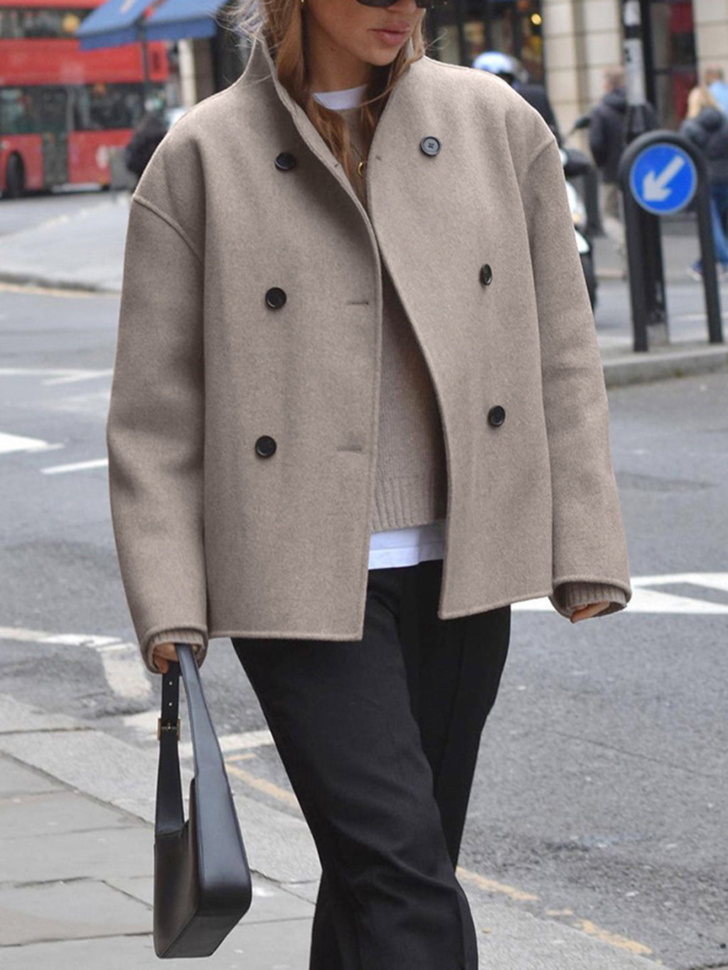 Women's Oversized Double Breasted Short Coat with Stand Collar