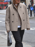 Women's Oversized Double Breasted Short Coat with Stand Collar
