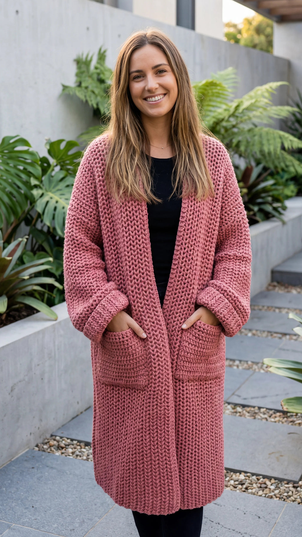 Women's Open Front Knit Long Cardigan With Pockets