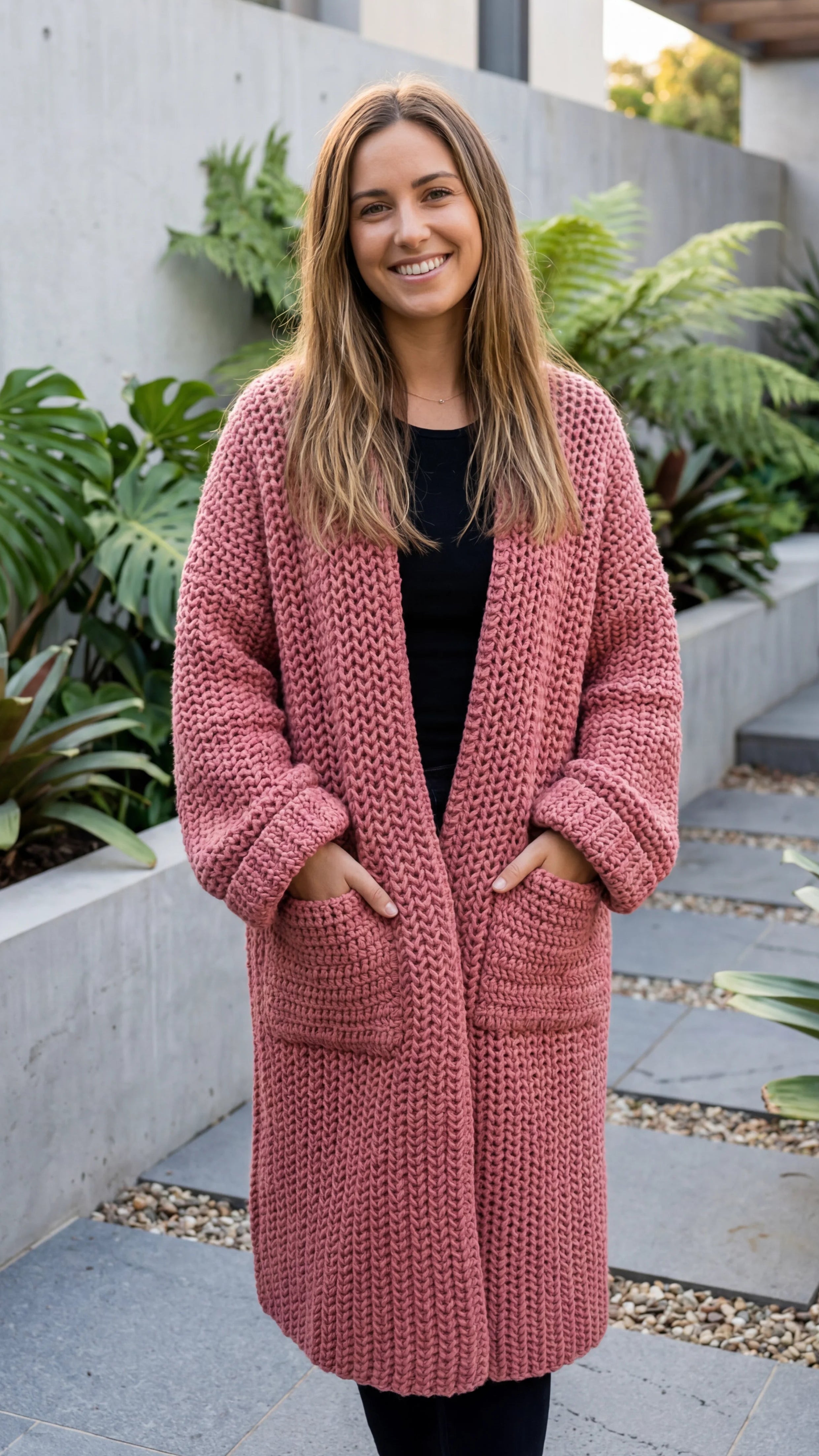 Women's Open Front Knit Long Cardigan With Pockets