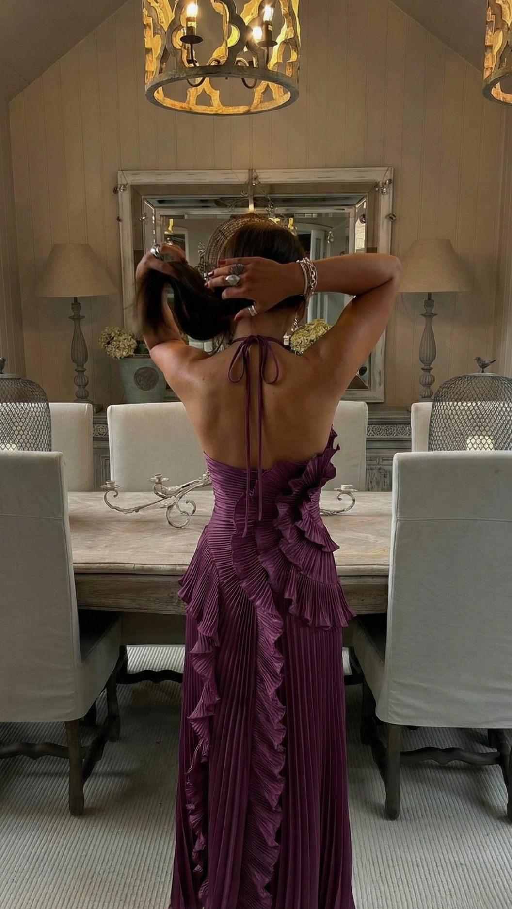 Women's Ruffle Maxi Dress | Halter Pleated Wedding Guest Dress