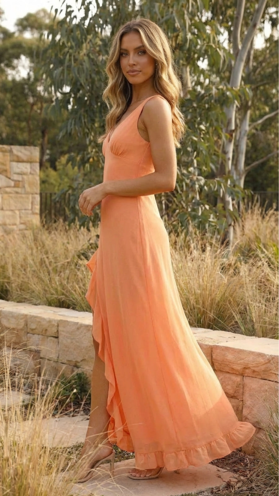 Sleeveless V-Neck Ruffle Side Slit Maxi Dress