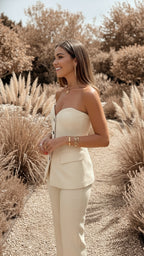 Strapless Button Down Top Hem Straight Leg Pants Set for Women