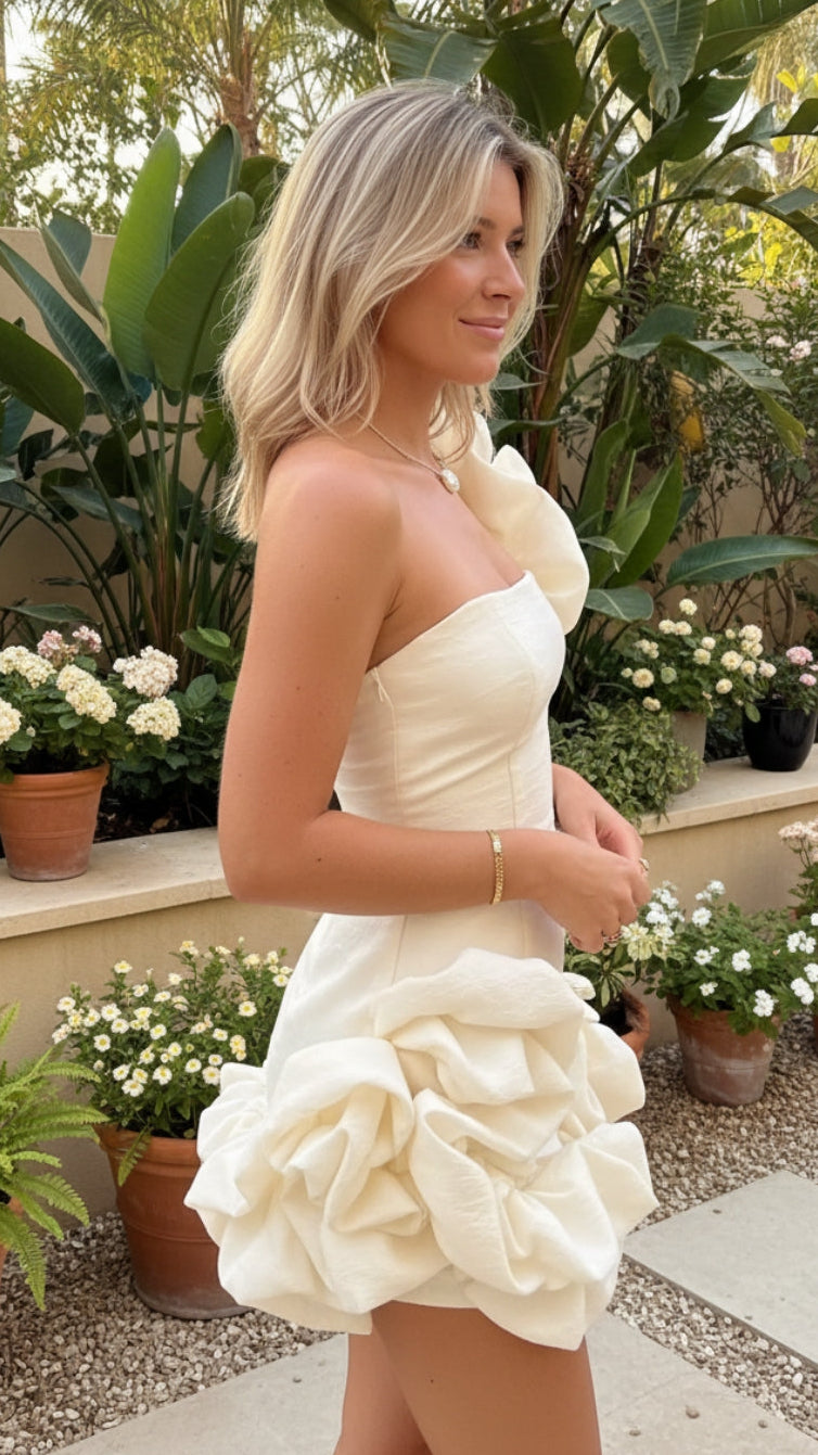 Women’s Strapless Ruffle Bubble Hem Mini Dress