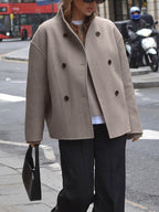 Women's Oversized Double Breasted Short Coat with Stand Collar