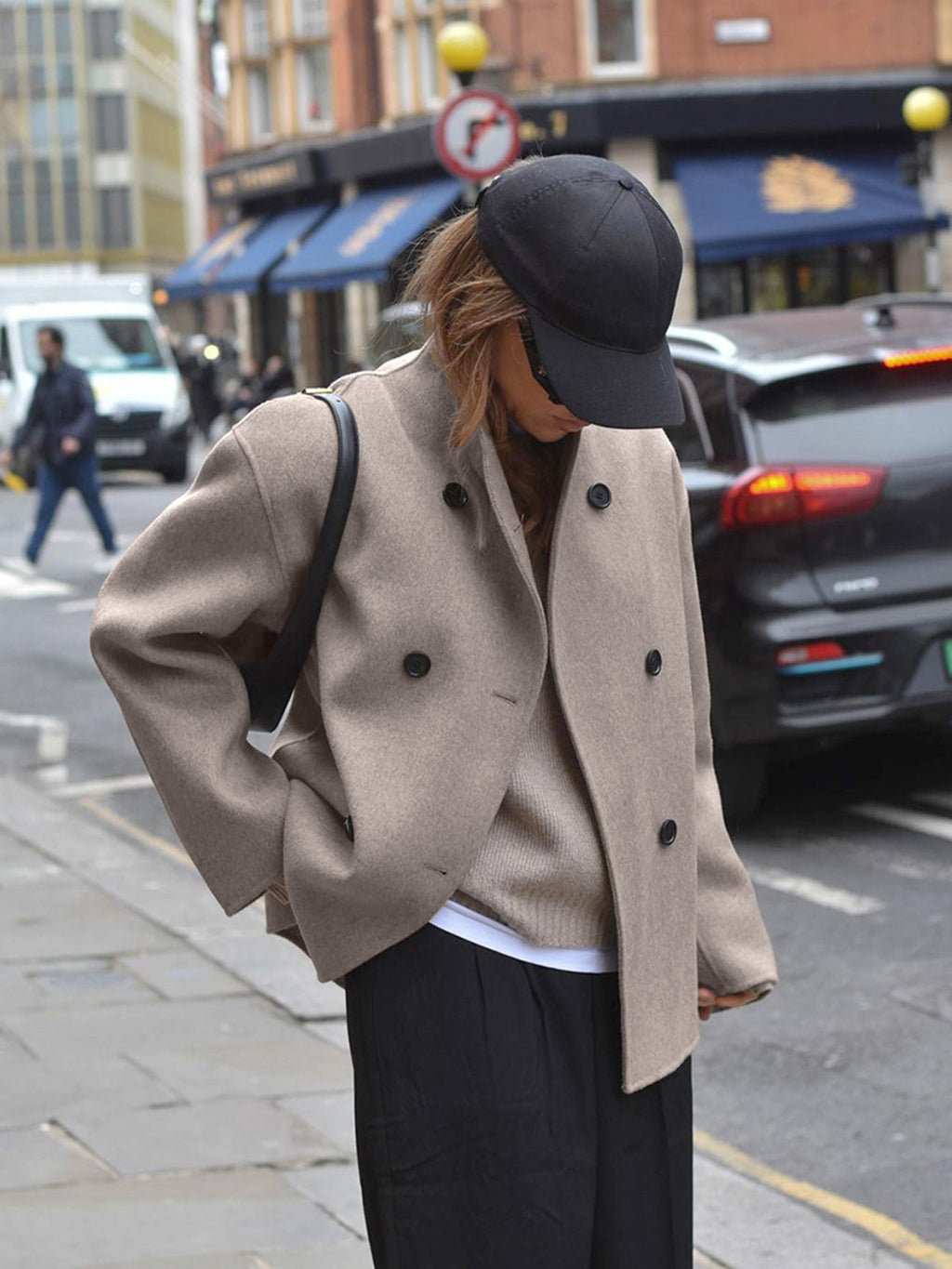Women's Oversized Double Breasted Short Coat with Stand Collar