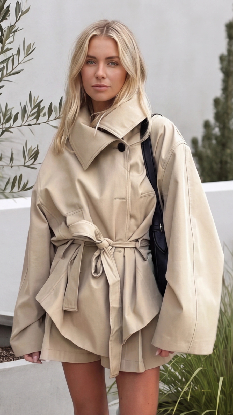Women's Beige Belted Wrap Cropped Trench Jacket