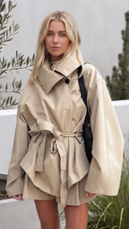 Women's Beige Belted Wrap Cropped Trench Jacket