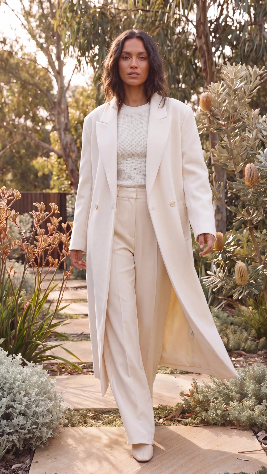 Women's Beige Belted Wrap Lapel Collar Longline Coat
