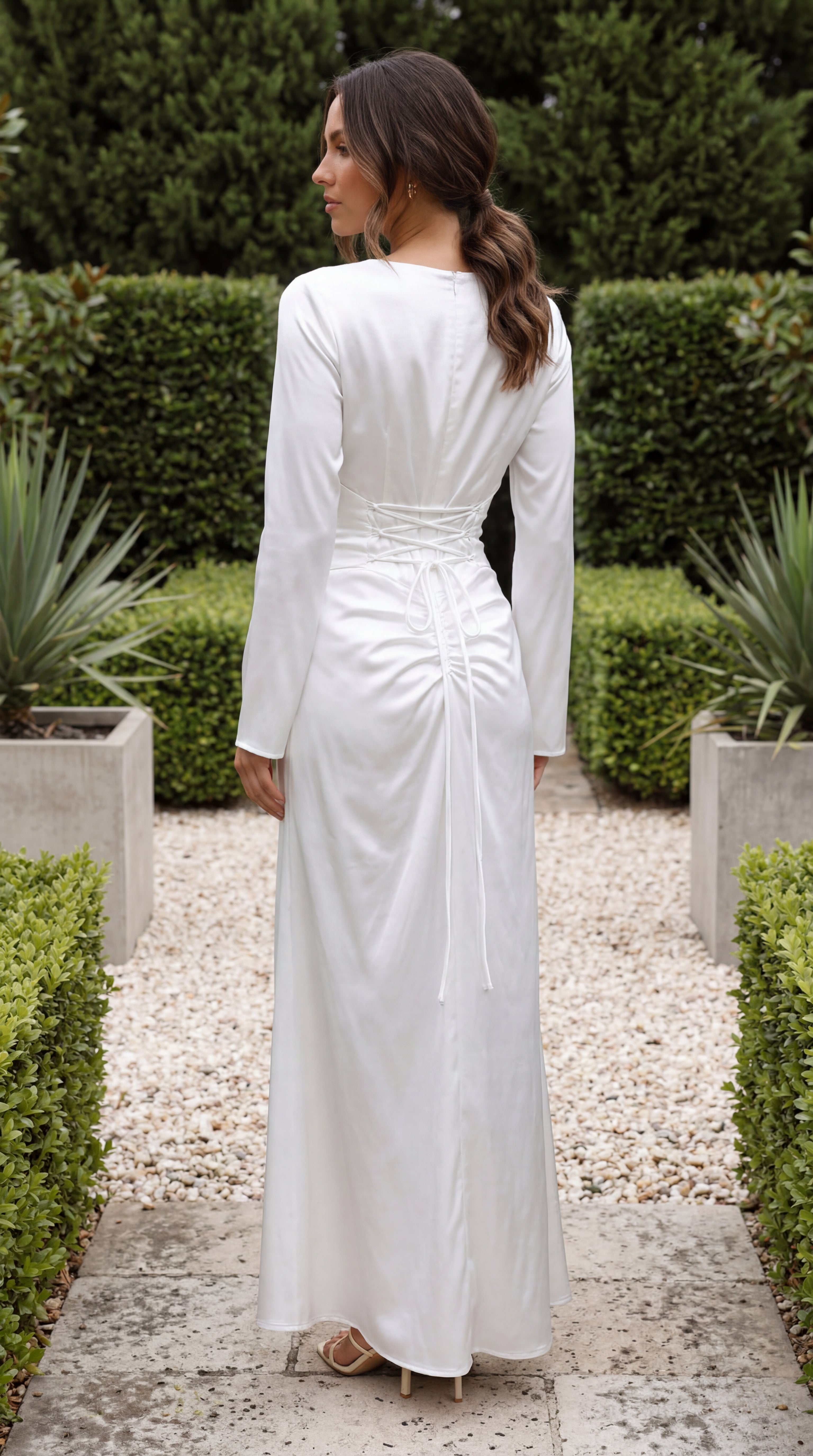 Women’s Boat Neck Flared Bell Sleeve Satin Bias Cut Maxi Dress
