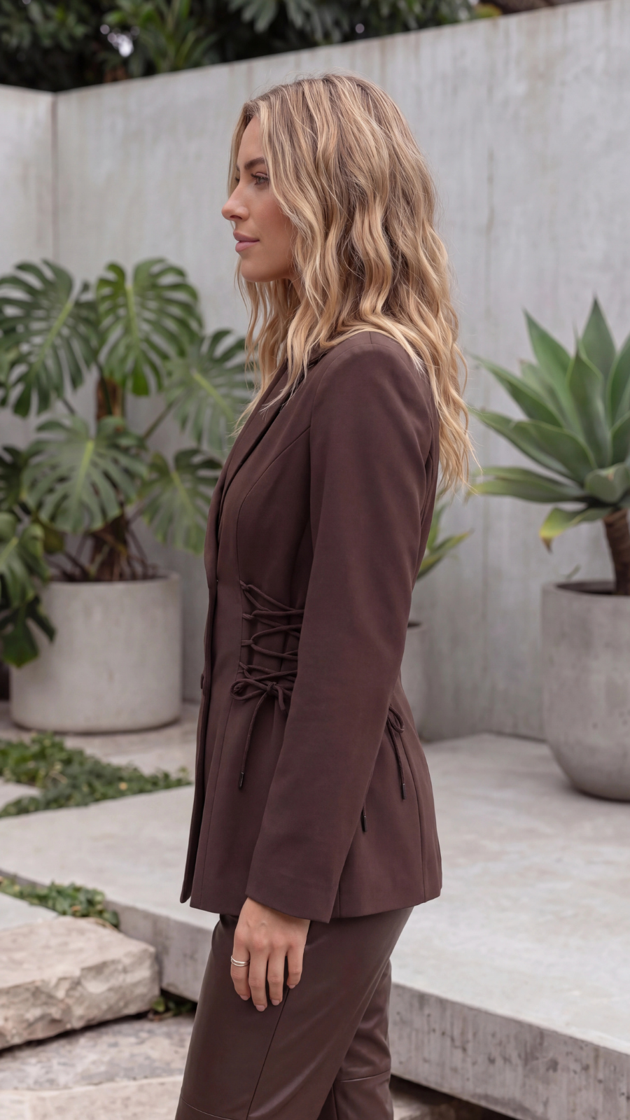 Women's Brown Double Breasted Lace Up Long Tailored Blazer