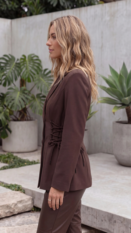 Women's Brown Double Breasted Lace Up Long Tailored Blazer