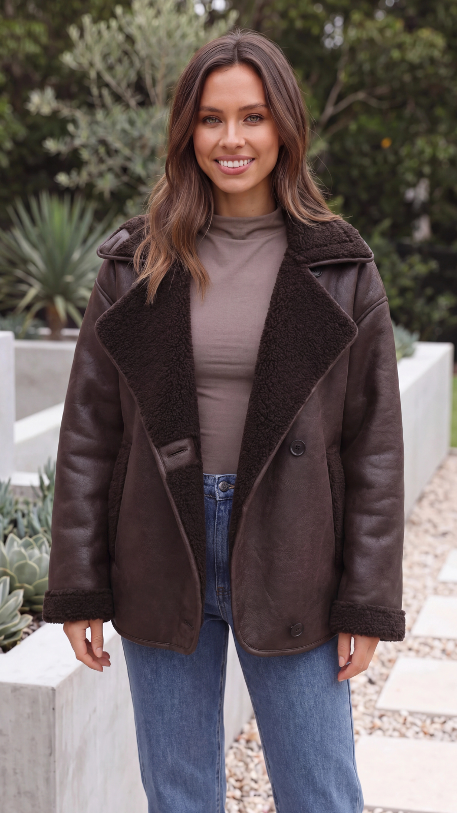 Women's Brown Faux Fur Lined Faux Leather Oversized Jacket