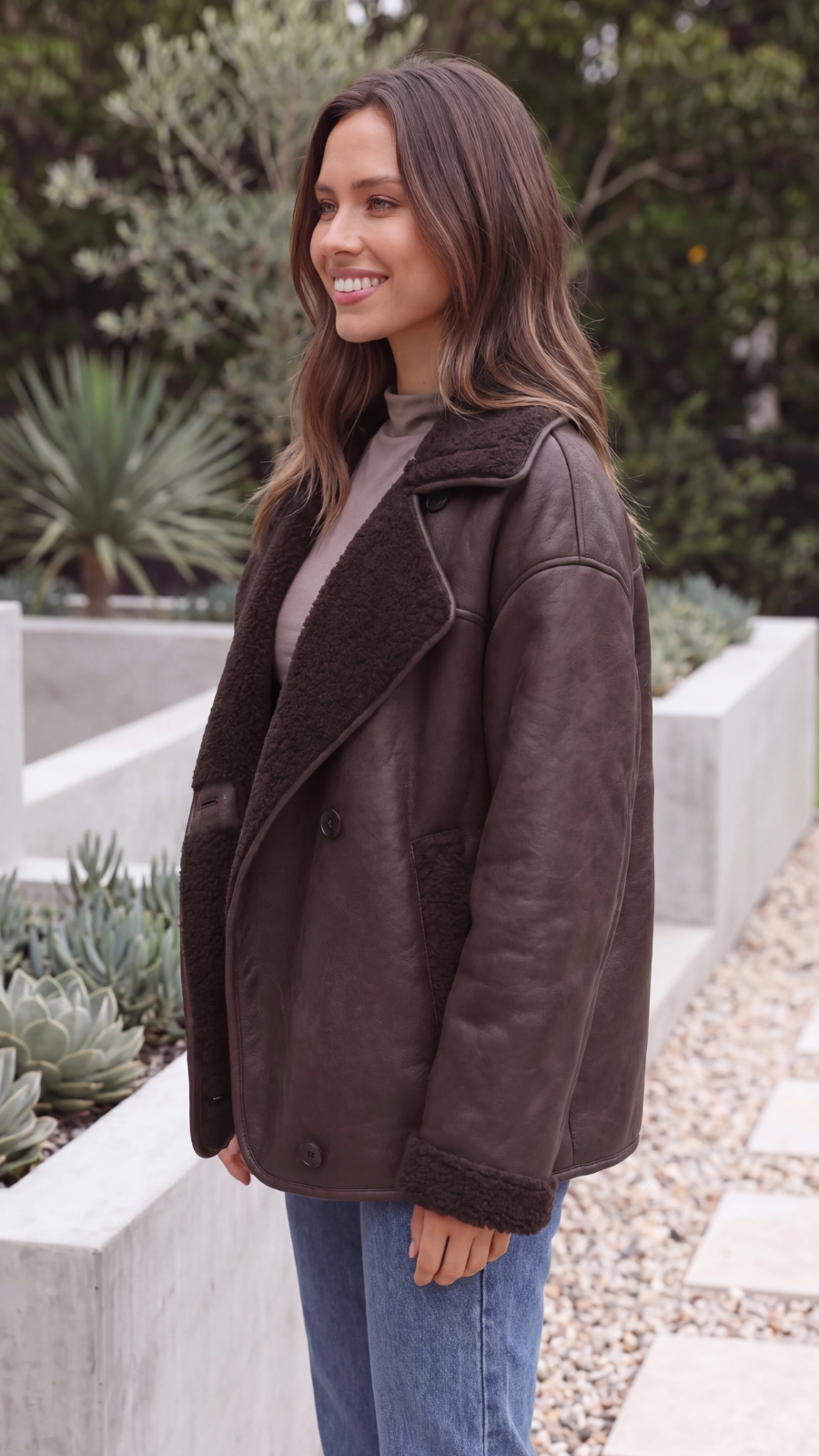 Women's Brown Faux Fur Lined Faux Leather Oversized Jacket