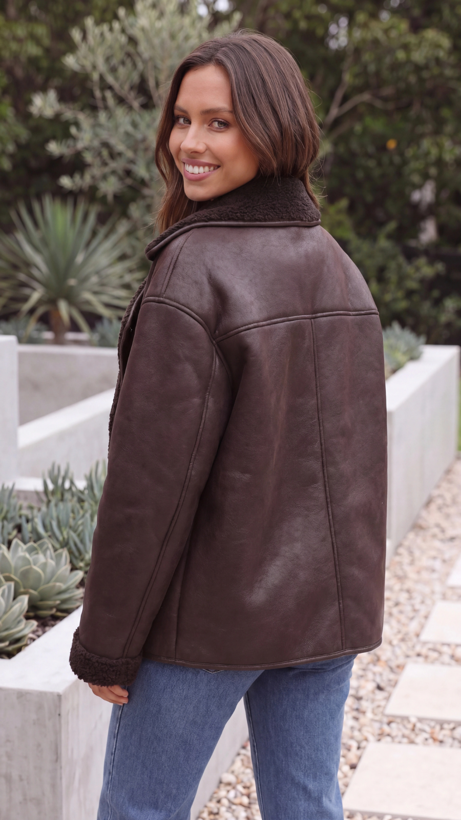 Women's Brown Faux Fur Lined Faux Leather Oversized Jacket