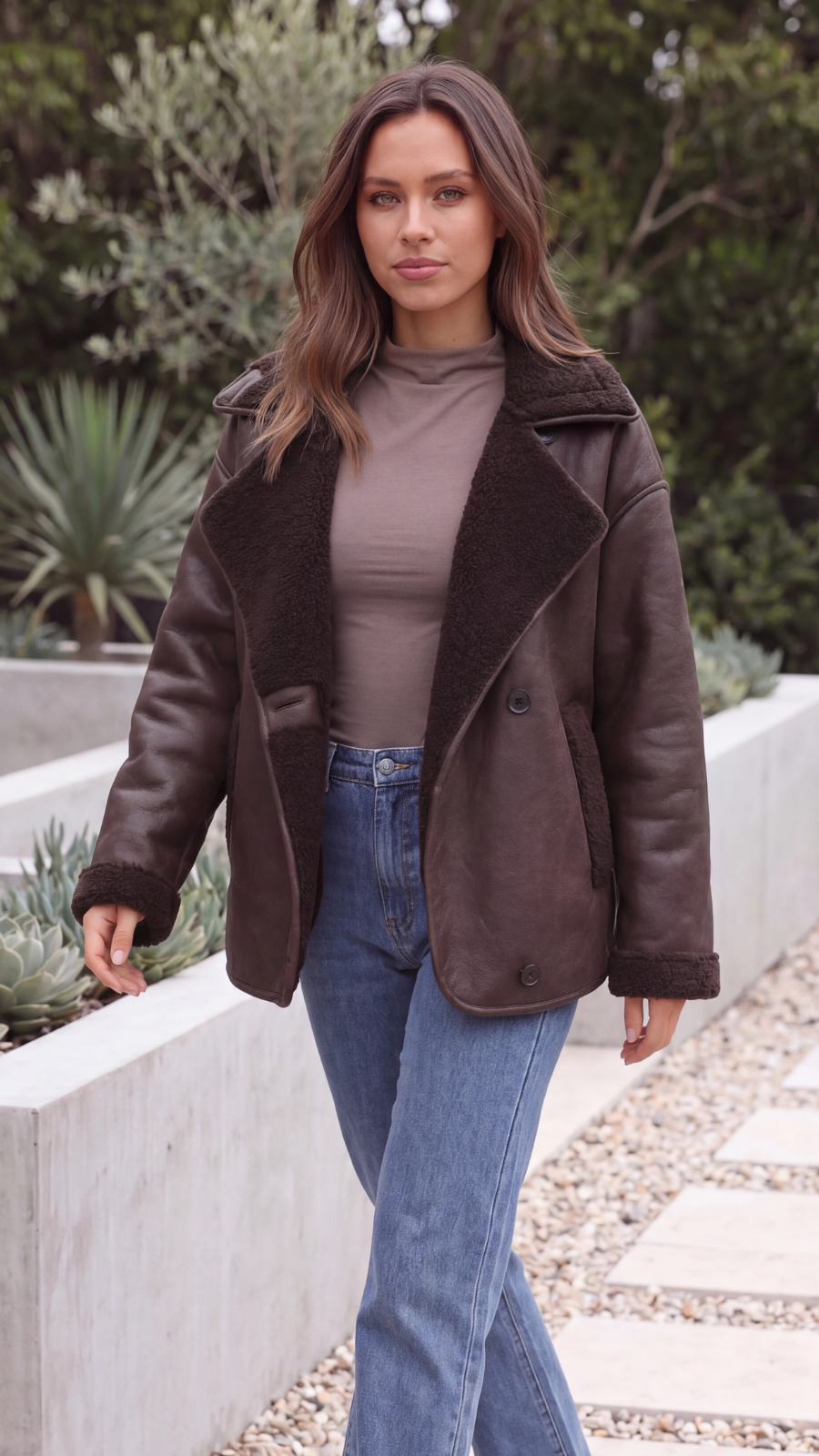 Women's Brown Faux Fur Lined Faux Leather Oversized Jacket