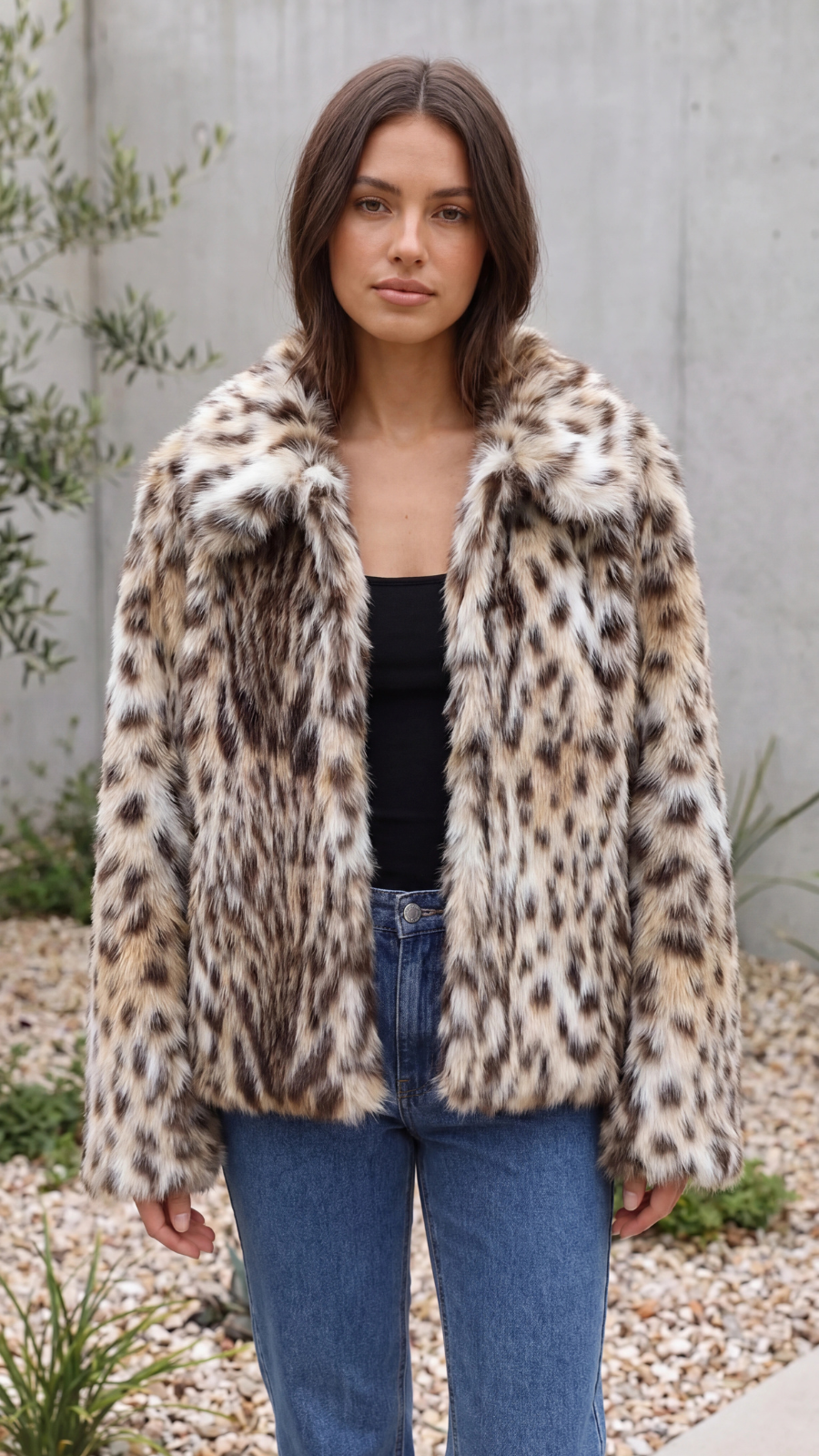 Women's Collared Leopard Print Faux Fur Jacket