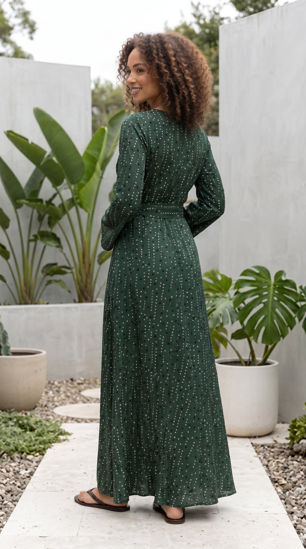 Women’s Long Sleeve Deep V Neck Dotted Maxi Dress