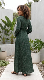 Women’s Long Sleeve Deep V Neck Dotted Maxi Dress
