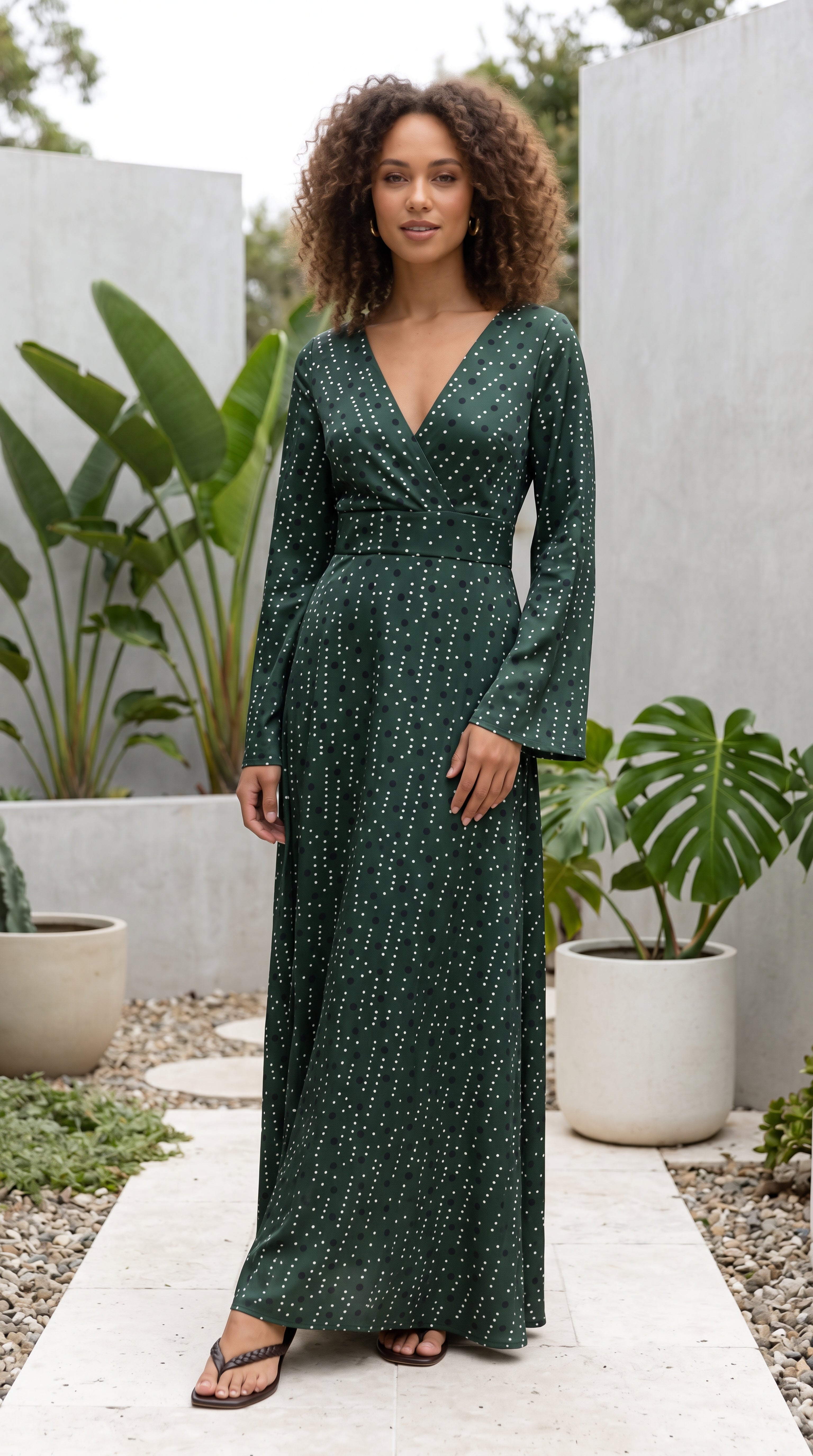 Women’s Long Sleeve Deep V Neck Dotted Maxi Dress
