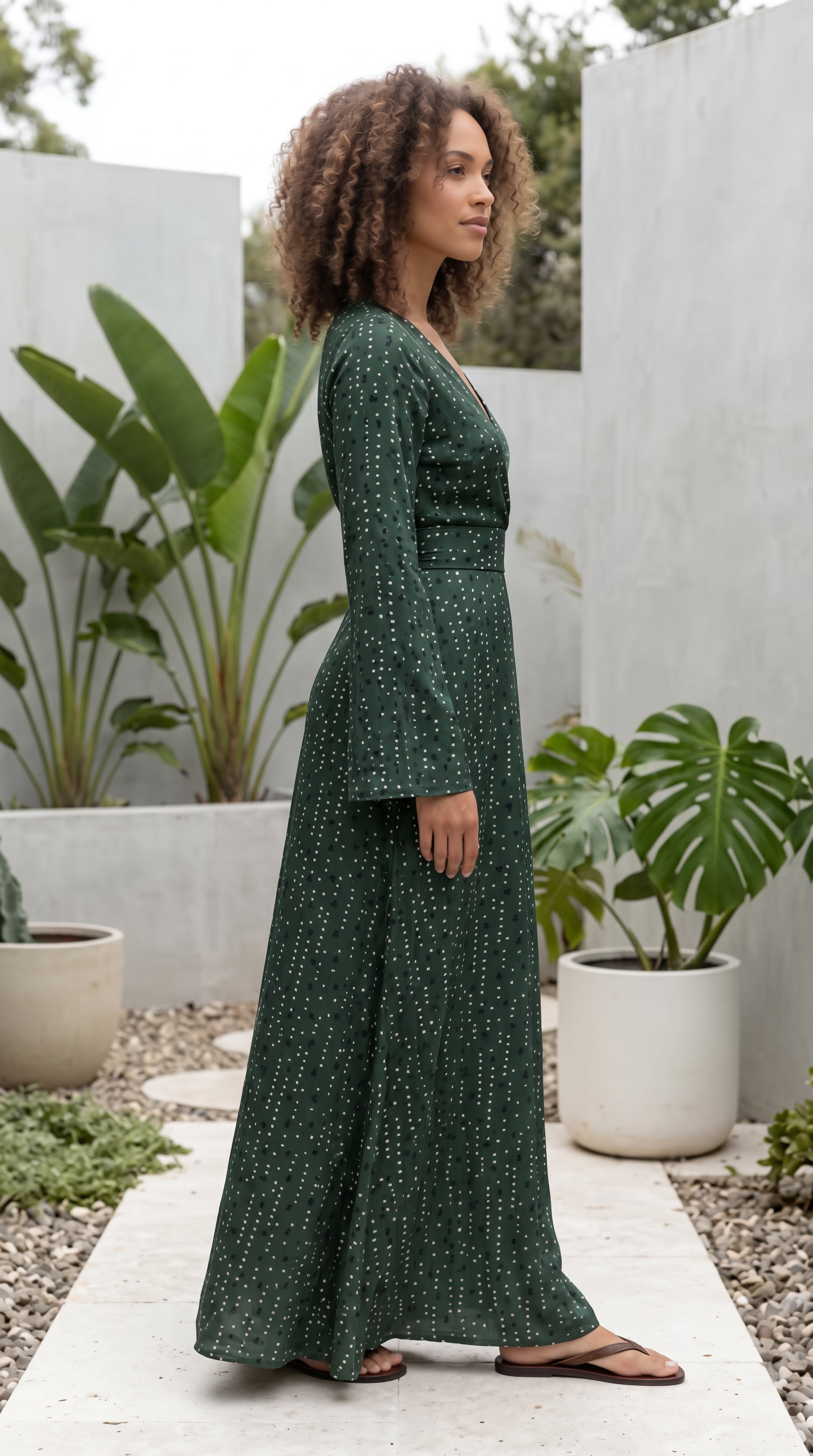 Women’s Long Sleeve Deep V Neck Dotted Maxi Dress