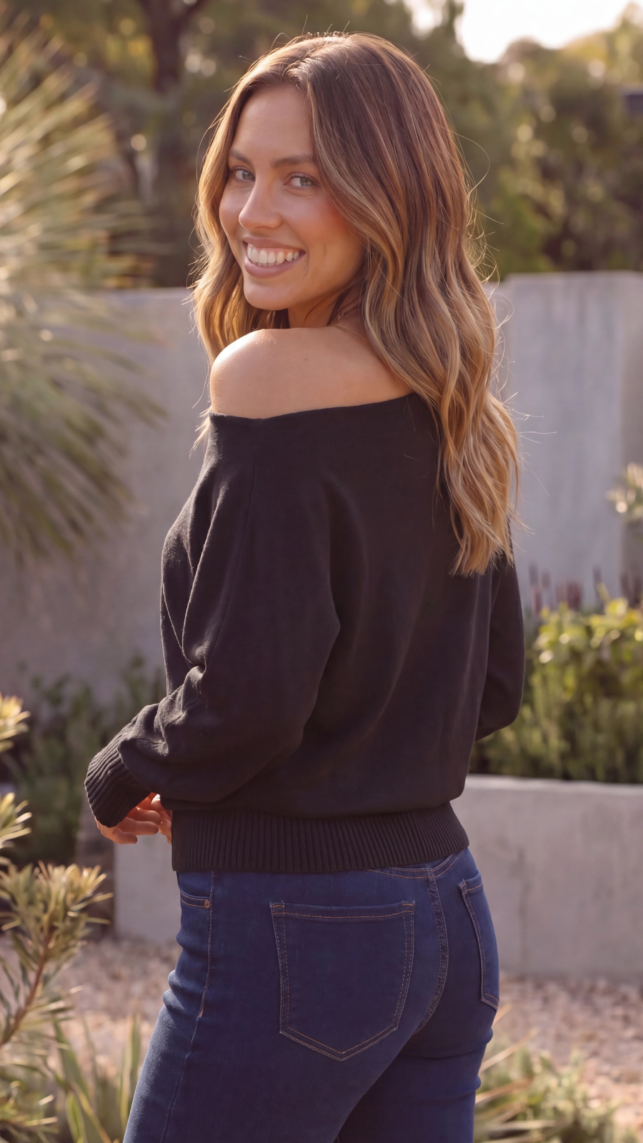 Women’s Off Shoulder Asymmetric Long Sleeve Knit Top