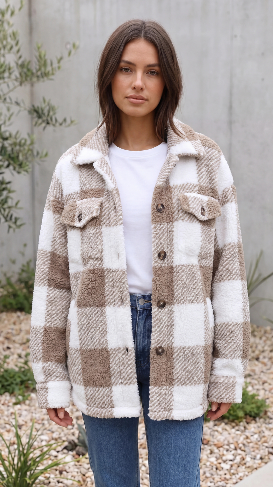 Women's Oversized Plaid Teddy Fleece Jacket