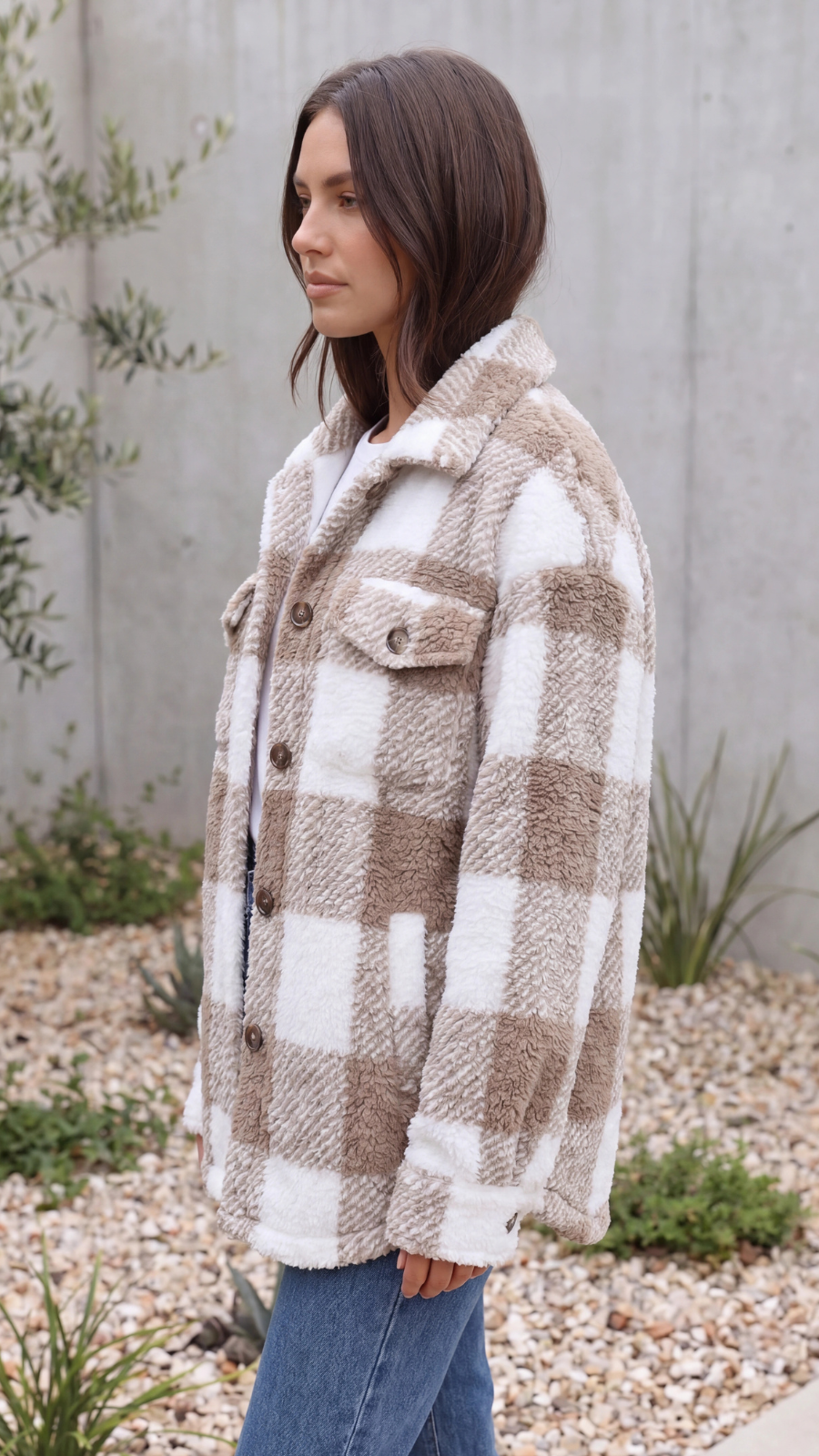 Women's Oversized Plaid Teddy Fleece Jacket