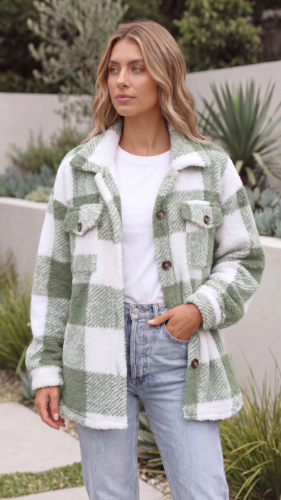 Women's Oversized Plaid Teddy Fleece Jacket