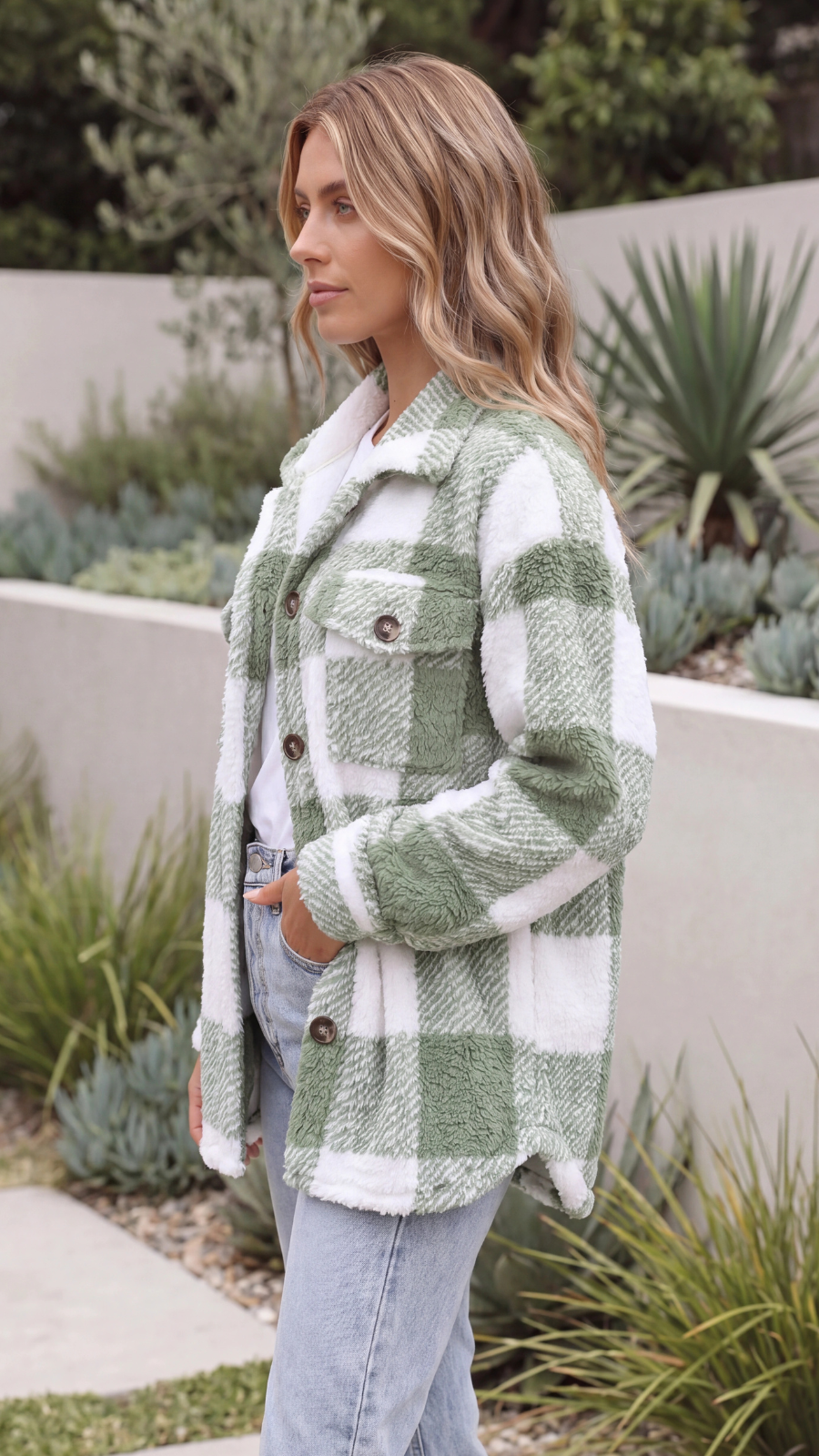 Women's Oversized Plaid Teddy Fleece Jacket