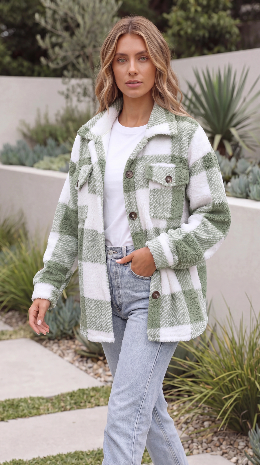 Women's Oversized Plaid Teddy Fleece Jacket