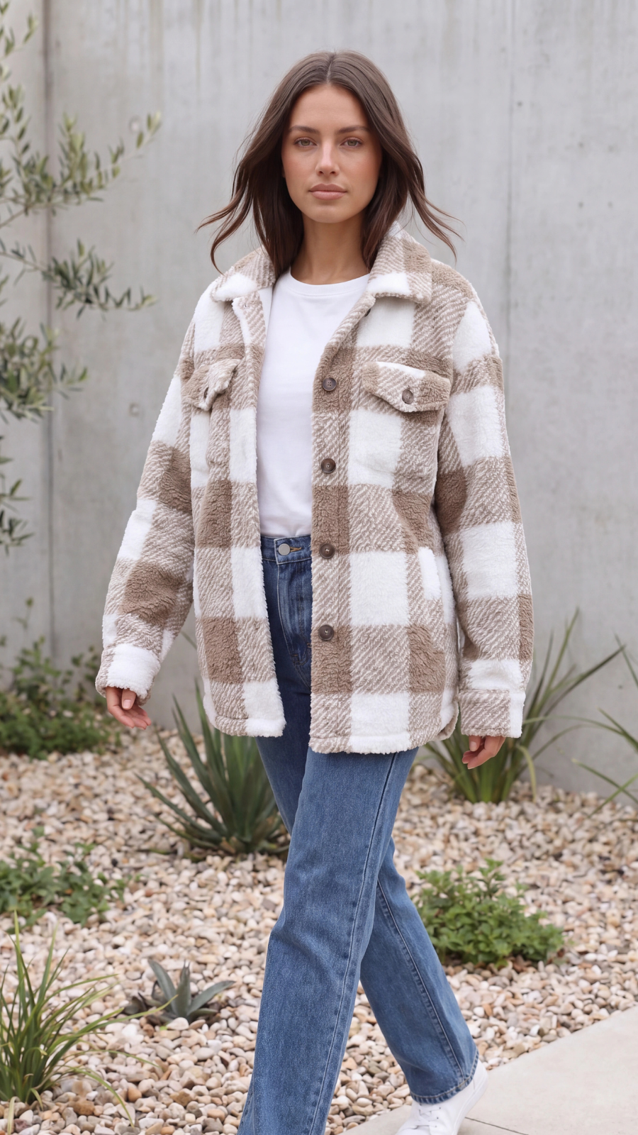 Women's Oversized Plaid Teddy Fleece Jacket