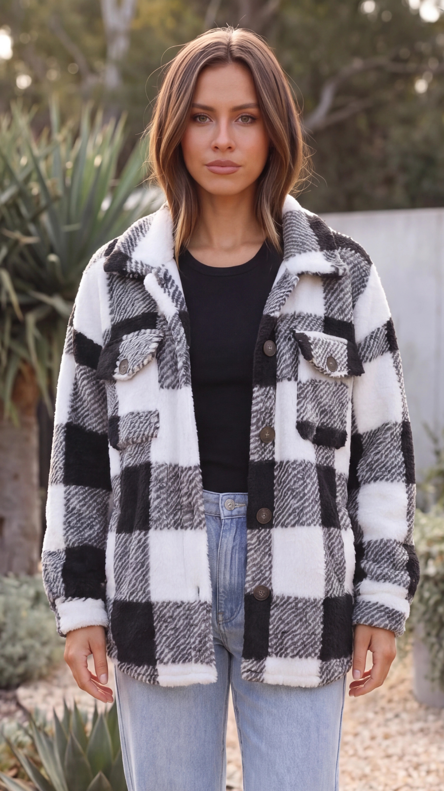Women's Oversized Plaid Teddy Fleece Jacket