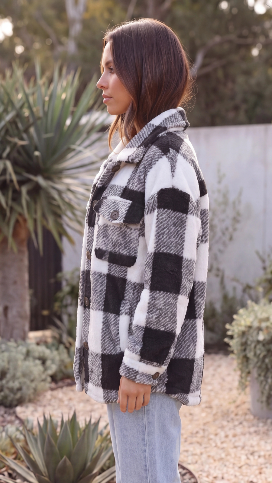 Women's Oversized Plaid Teddy Fleece Jacket