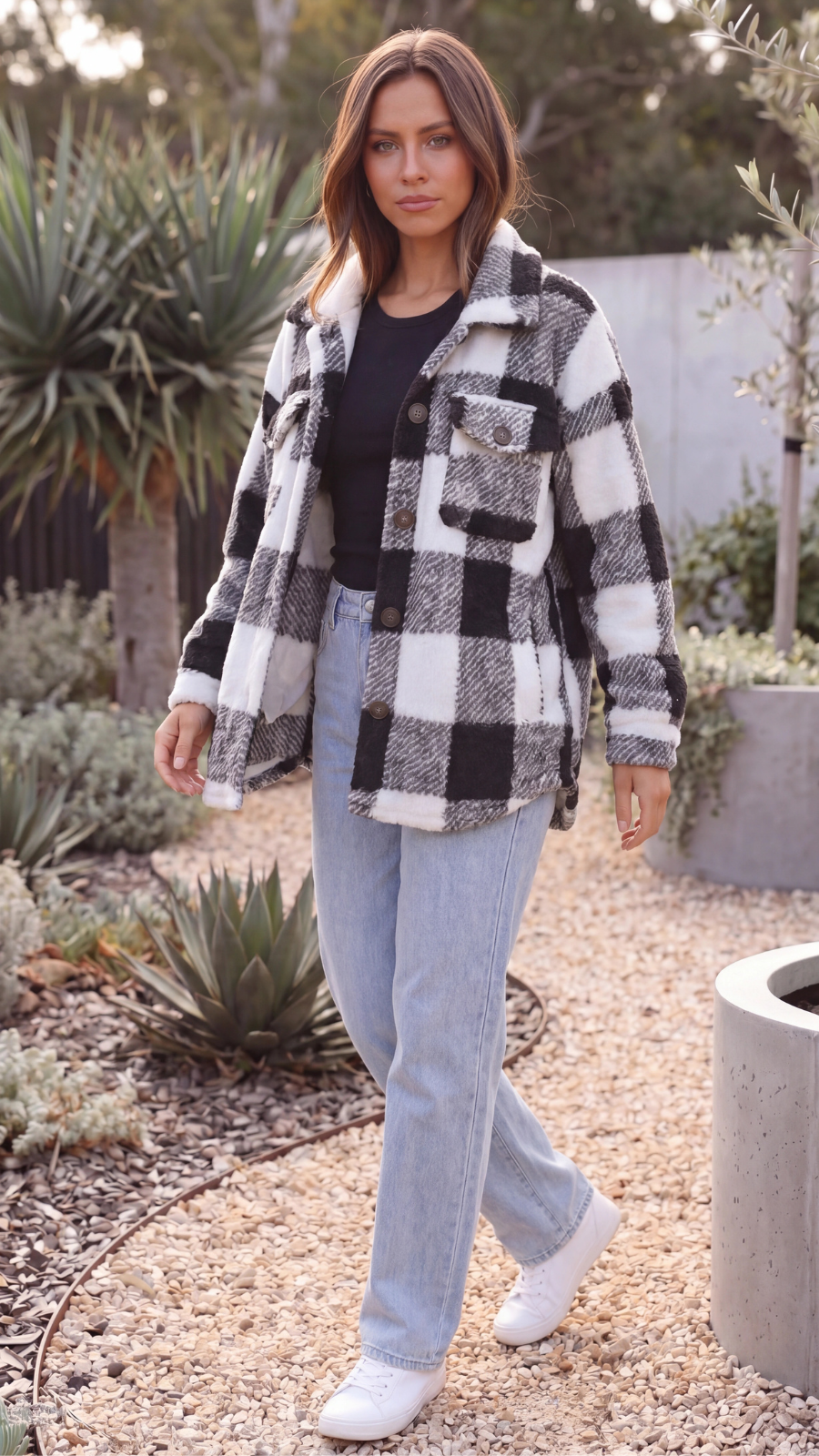Women's Oversized Plaid Teddy Fleece Jacket