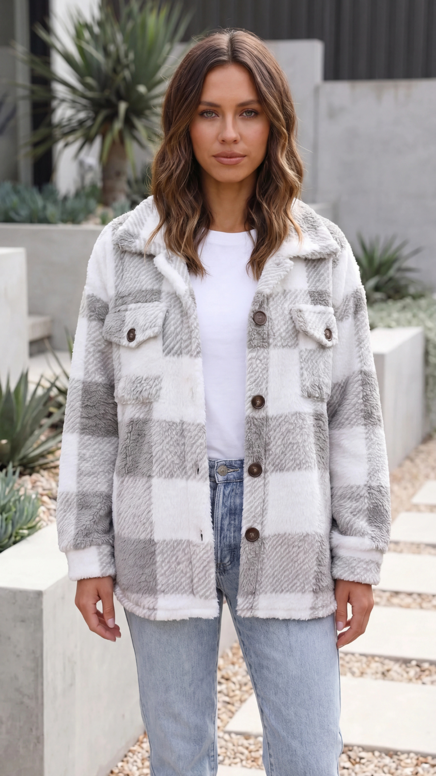 Women's Oversized Plaid Teddy Fleece Jacket
