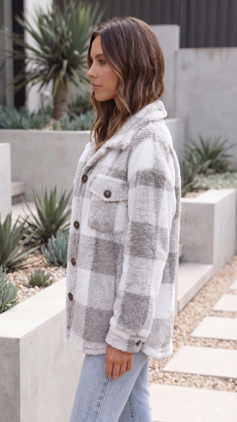 Women's Oversized Plaid Teddy Fleece Jacket