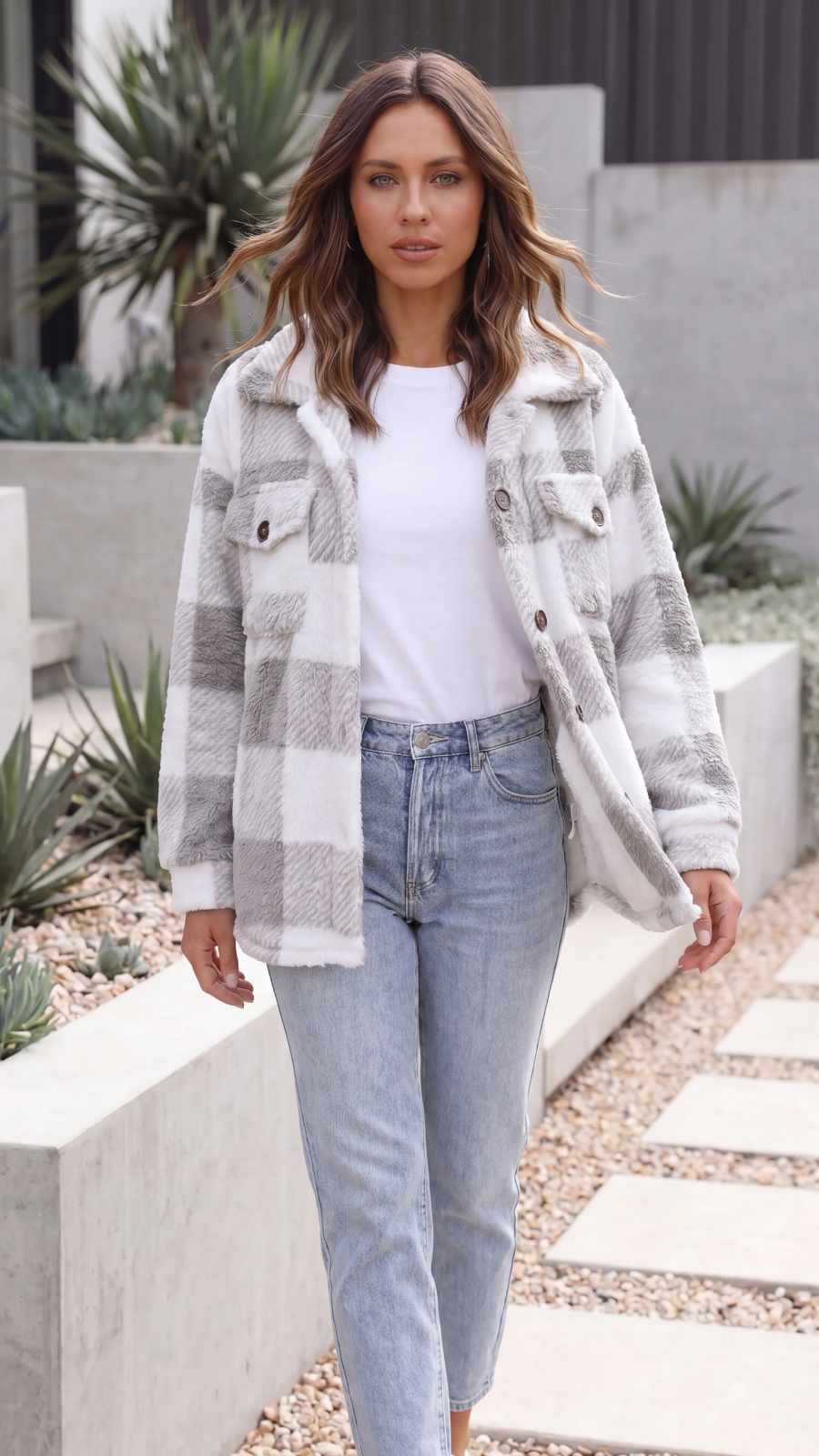 Women's Oversized Plaid Teddy Fleece Jacket