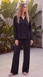 Women's Two Piece Polo Collar Long Sleeve Wide Leg Lounge Set