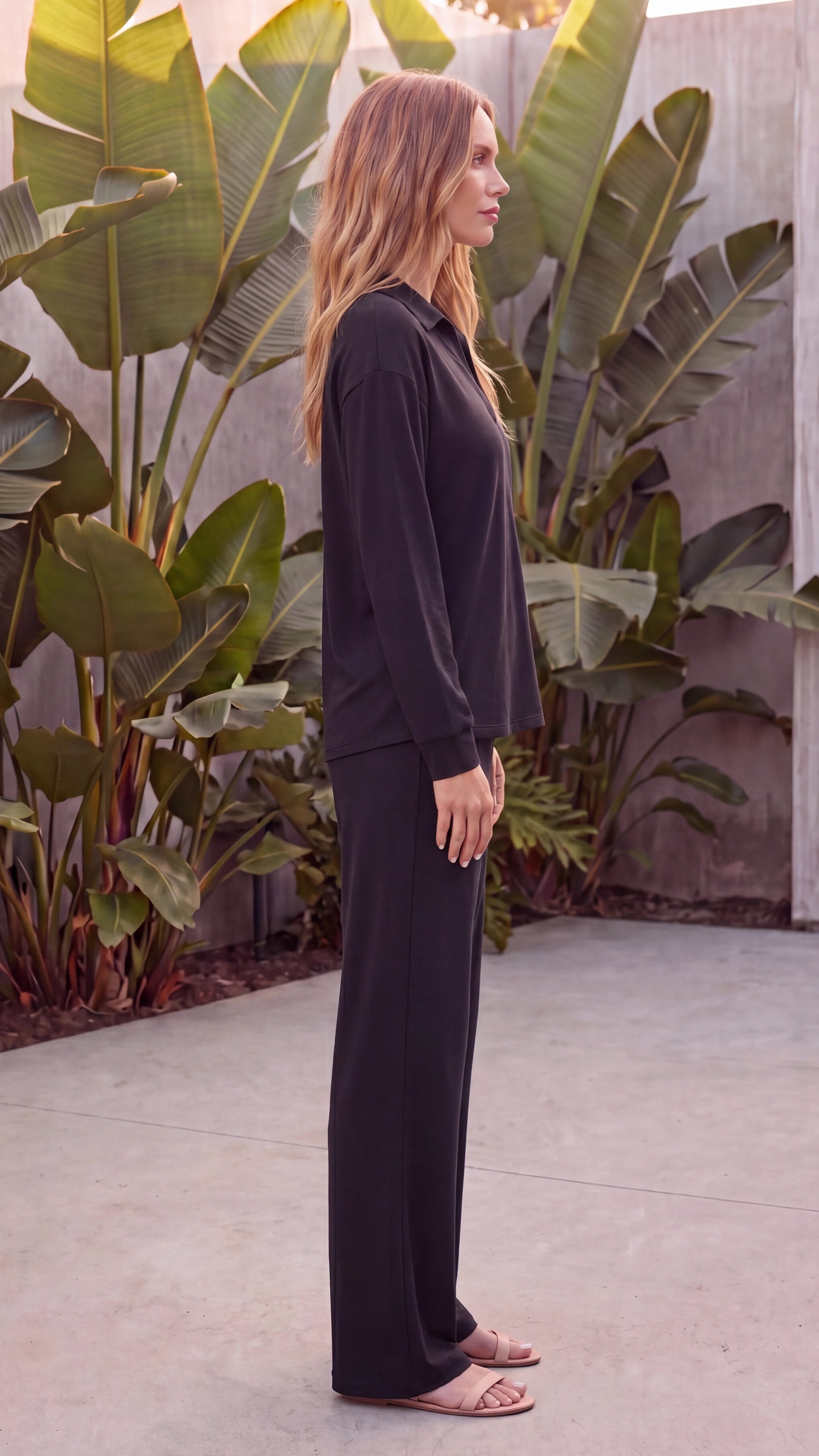 Women's Two Piece Polo Collar Long Sleeve Wide Leg Lounge Set