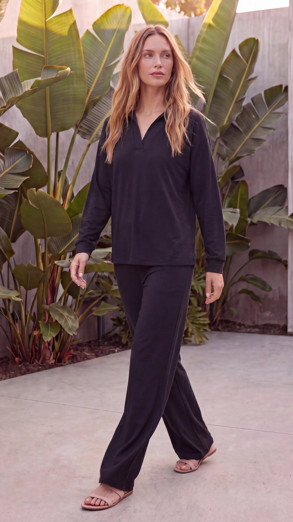Women's Two Piece Polo Collar Long Sleeve Wide Leg Lounge Set