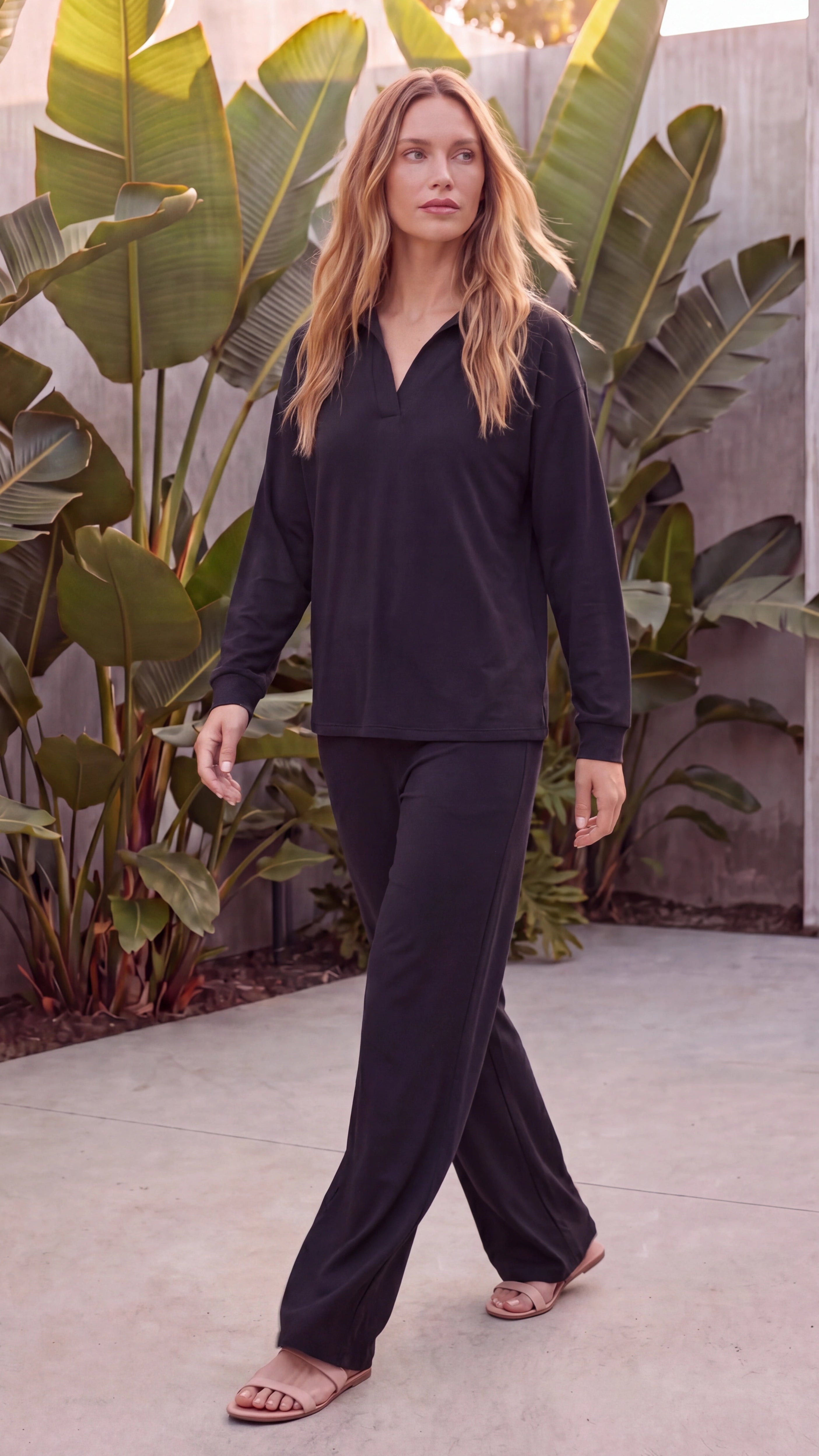 Women's Two Piece Polo Collar Long Sleeve Wide Leg Lounge Set