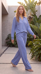 Women's Two Piece Polo Collar Long Sleeve Wide Leg Lounge Set