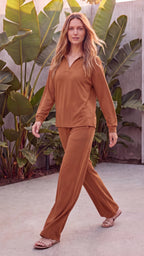 Women's Two Piece Polo Collar Long Sleeve Wide Leg Lounge Set